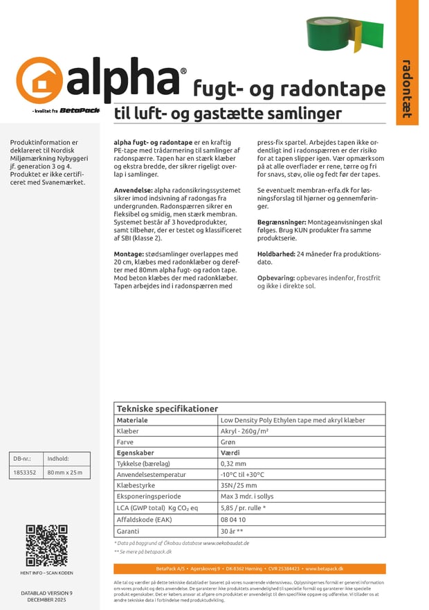 alpha fugt- og radonstape datablad