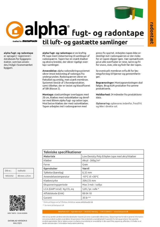 alpha fugt- og radonstape datablad