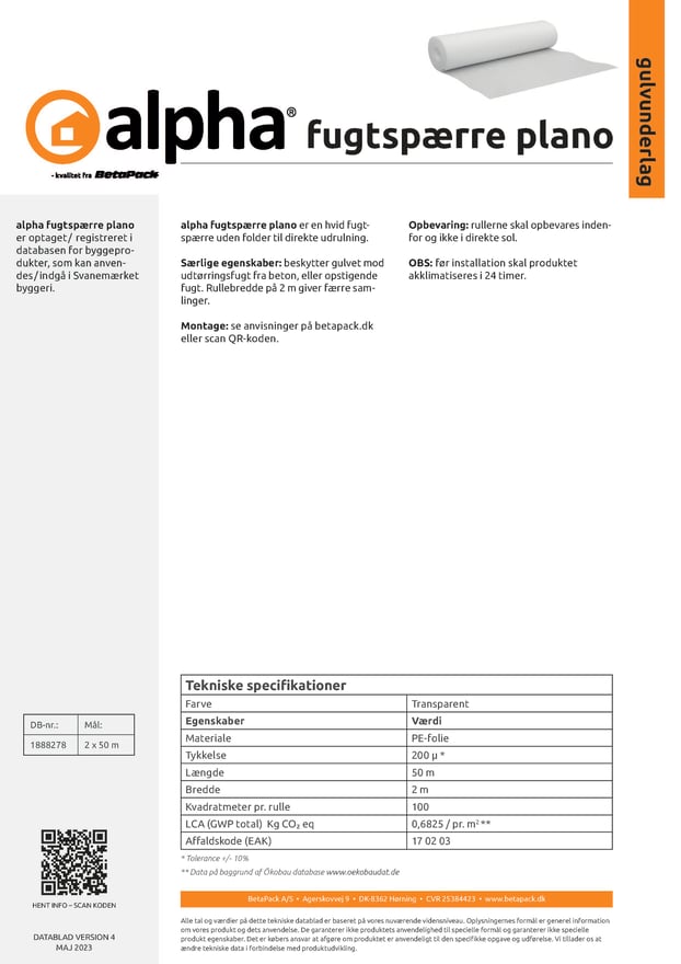 alpha fugtspærre plano datablad