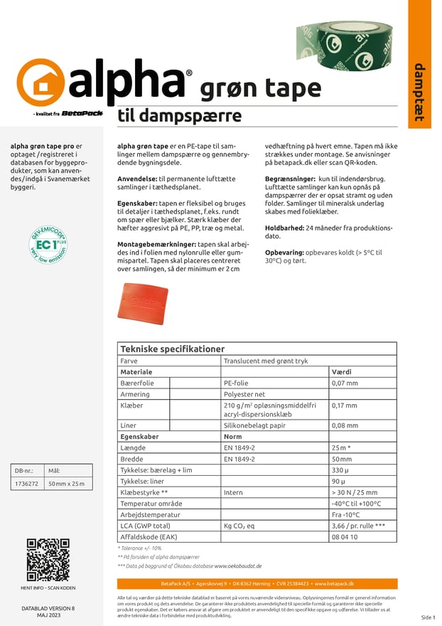 alpha grøn dampspærretape pro 60 mm datablad 