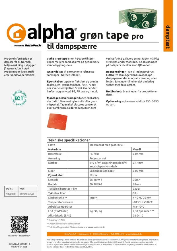 alpha grøn dampspærretape pro 60 mm datablad 