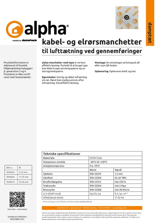 alpha kabel/elrørsmanchetter datablad