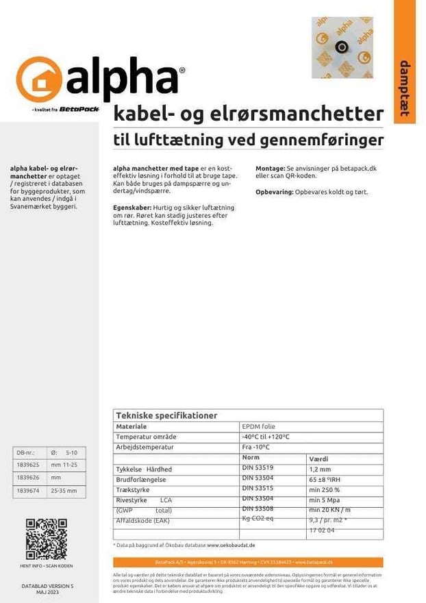 alpha kabel/elrørsmanchetter datablad