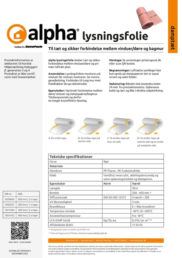 alpha lysningsfolie datablad