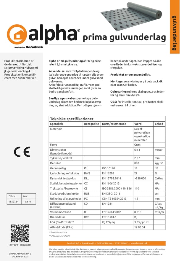 alpha prima gulvunderlag (uden folie) datablad