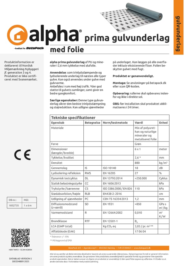 alpha prima gulvunderlag (med folie) datablad