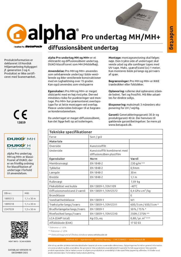 alpha Pro undertag MH og MH+ datablad