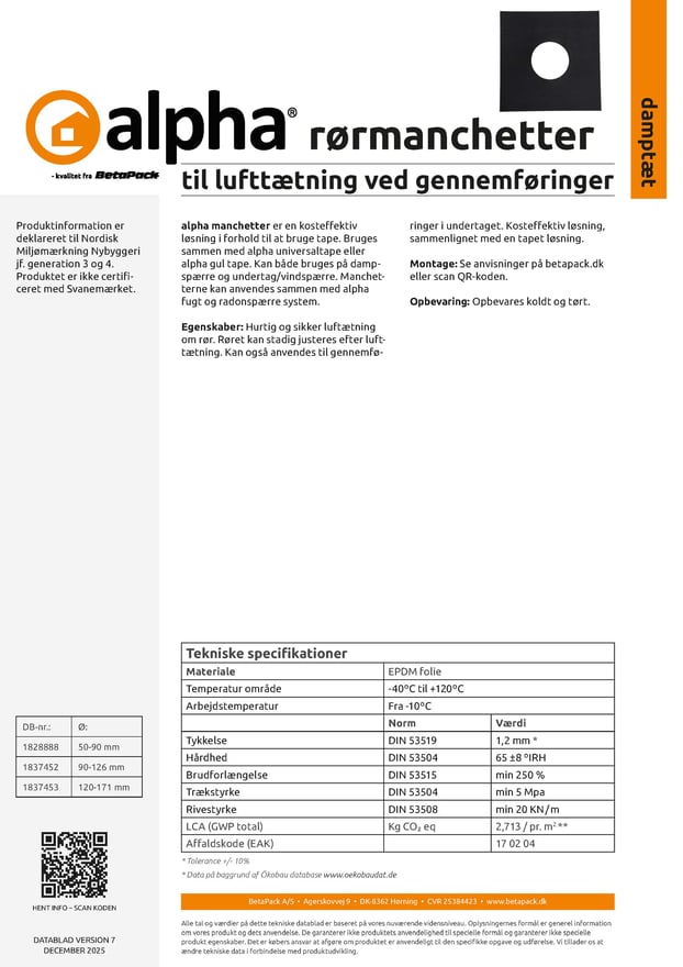 alpha rørføringsmanchetter datablad