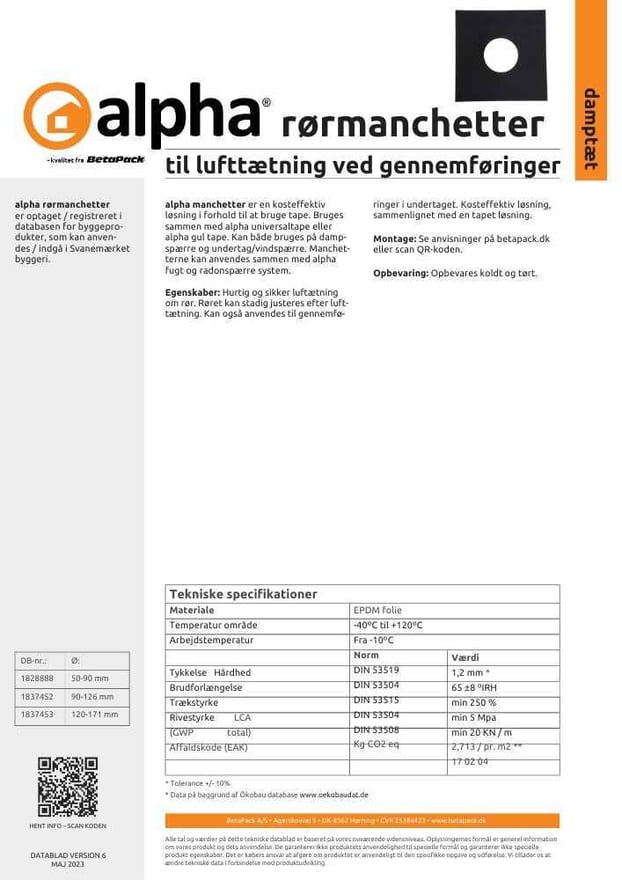 alpha rørføringsmanchetter datablad