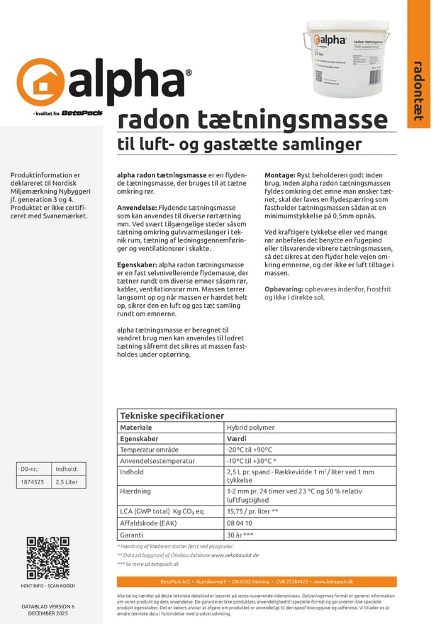 alpha radon tætningsmasse datablad