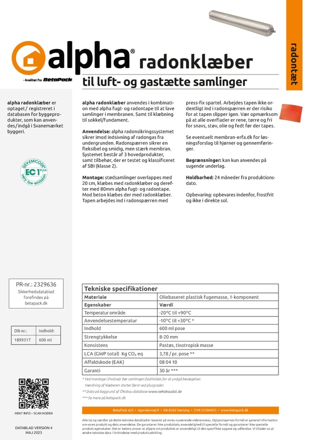 alpha radonklæber datablad