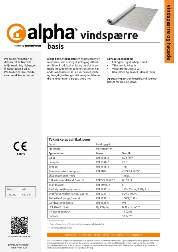 alpha basis vindspærre datablad