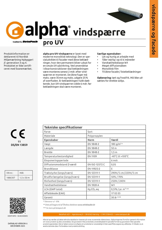 alpha pro UV vindspærre datablad