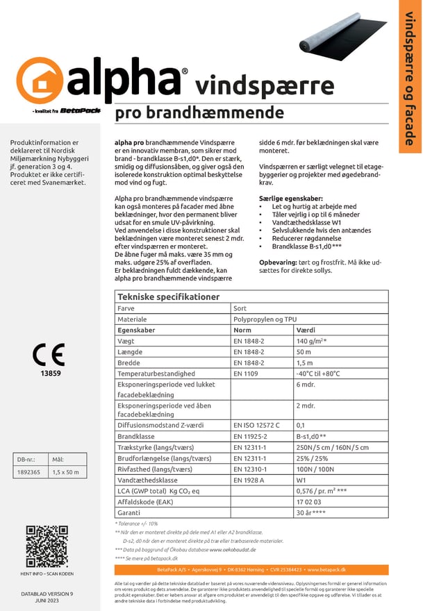 alpha pro brandhæmmende vindspærre datablad