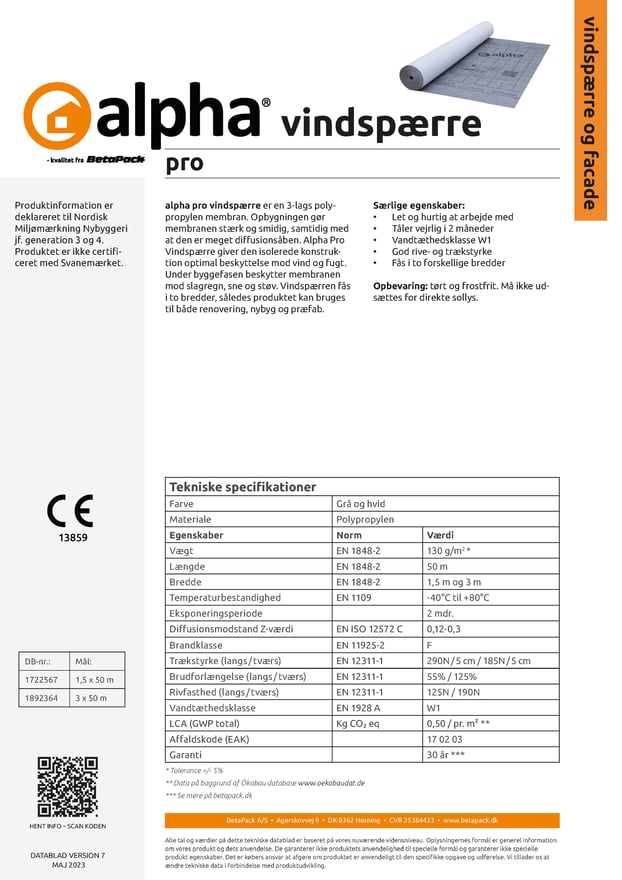alpha pro vindspærre datablad