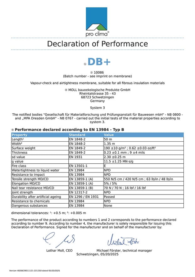 DB+ papirbaseret dampbremse fra pro clima - DoP